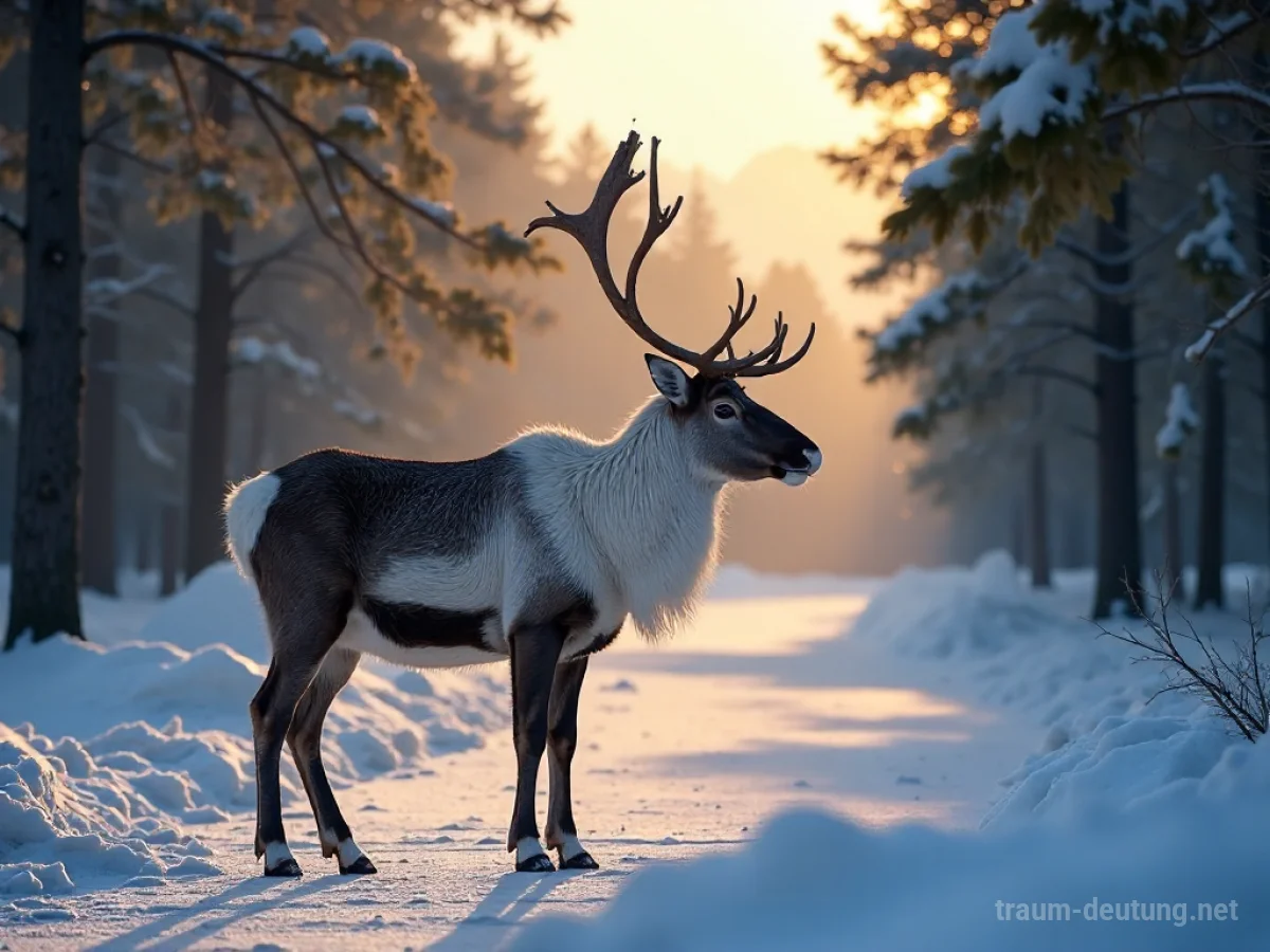Traumsymbol Rentier: Ein majestätisches männliches Rentier steht in einem verschneiten Wald bei Sonnenaufgang mit von Frost bedeckten Geweihen.