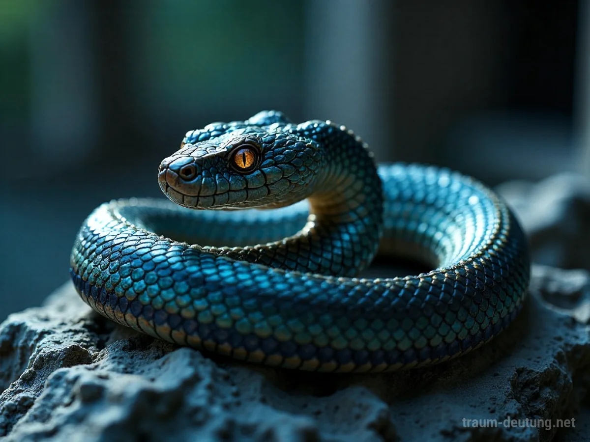 Traumdeutung Reptil: Eine gewundene Schlange mit schillernden Schuppen ruht in einer nebligen, mondbeschienenen Ruine, ihre Augen leuchten geheimnisvoll.