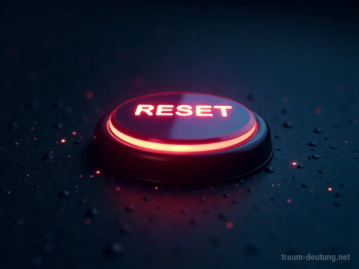 Traumsymbol Reset: Ein leuchtender Neonknopf mit der Aufschrift 'RESET' schwebt in einer dunklen, kosmischen Leere, beleuchtet von seinem eigenen sanften Schein.