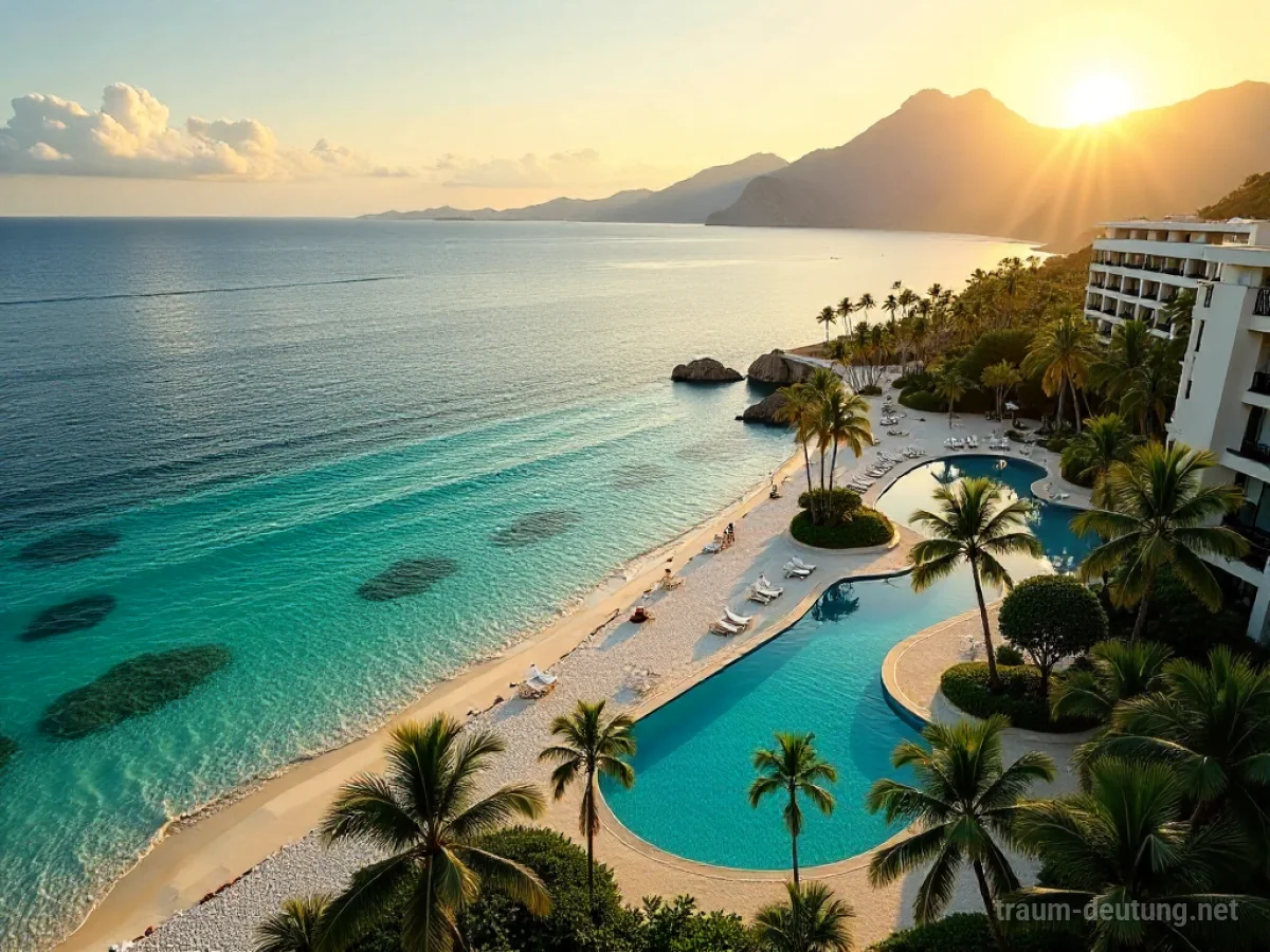Traumsymbol Resort: Ein luxuriöser Resortkomplex an einem tropischen Strand bei goldenem Abendlicht, mit Palmen und klarem Wasser.