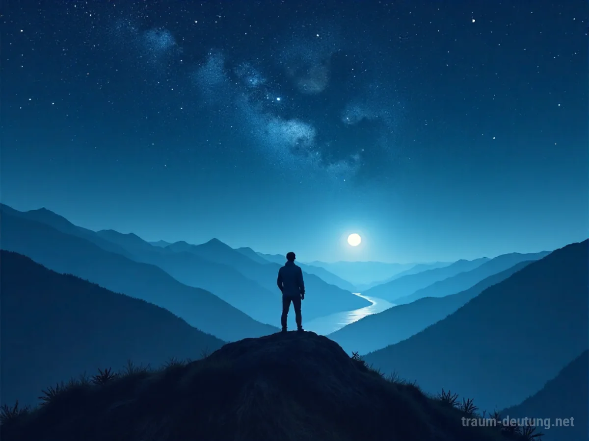 Traumsymbol Respekt: Eine einsame Gestalt steht auf einem Berggipfel im Sternenlicht und blickt auf ein friedliches, mondbeschienenes Tal.