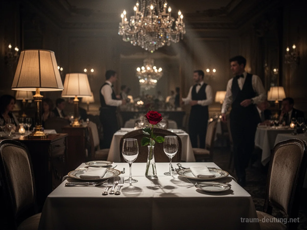 Traumsymbol Restaurant: Ein elegantes, schwach beleuchtetes Restaurant mit einem einzelnen Tisch, der dekoriert ist, deutet auf soziale Interaktion und Selbstwertgefühl hin.