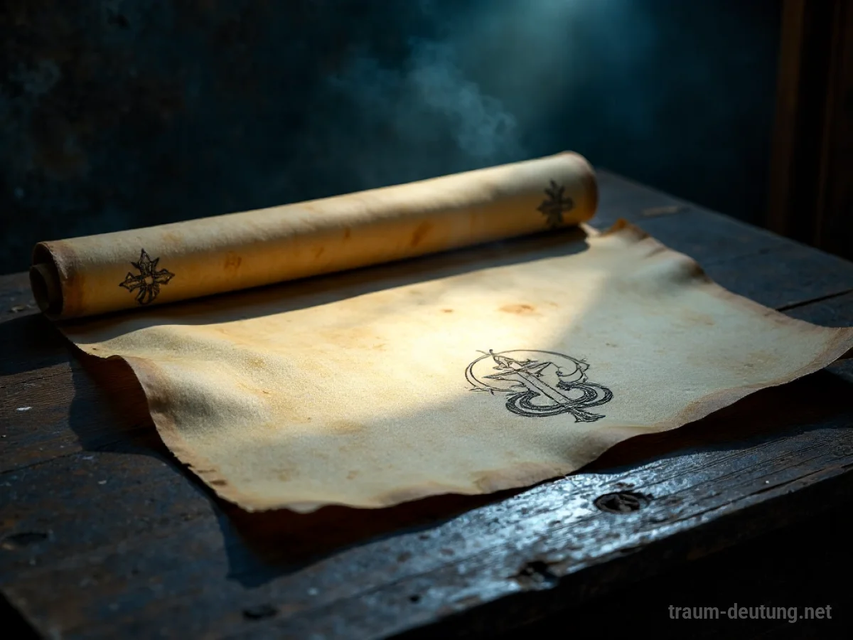 Traumsymbol Resultat: Eine leicht angebrannte Schriftrolle mit verblassten Illustrationen liegt auf einem antiken Schreibtisch, beleuchtet von einem Mondstrahl.