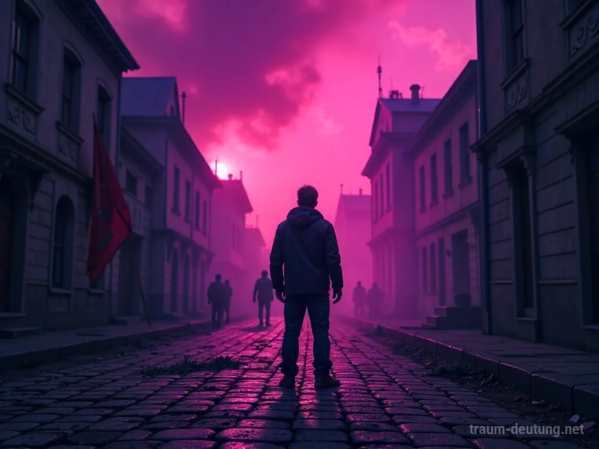 Traumsymbol Revolte: Eine einzelne, trotzige Figur steht auf einer kopfsteingepflasterten Straße unter einem stürmischen, violetten Himmel, während Rauch aus der Ferne aufsteigt.