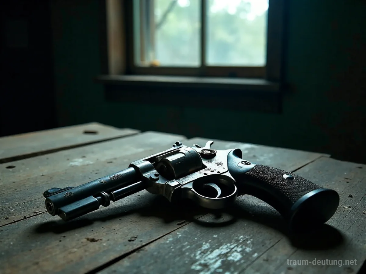 Traumsymbol Revolver: Ein alter Silber-Revolver liegt auf einem dunklen Holztisch, beleuchtet von einem Mondstrahl in einem schattigen Raum.