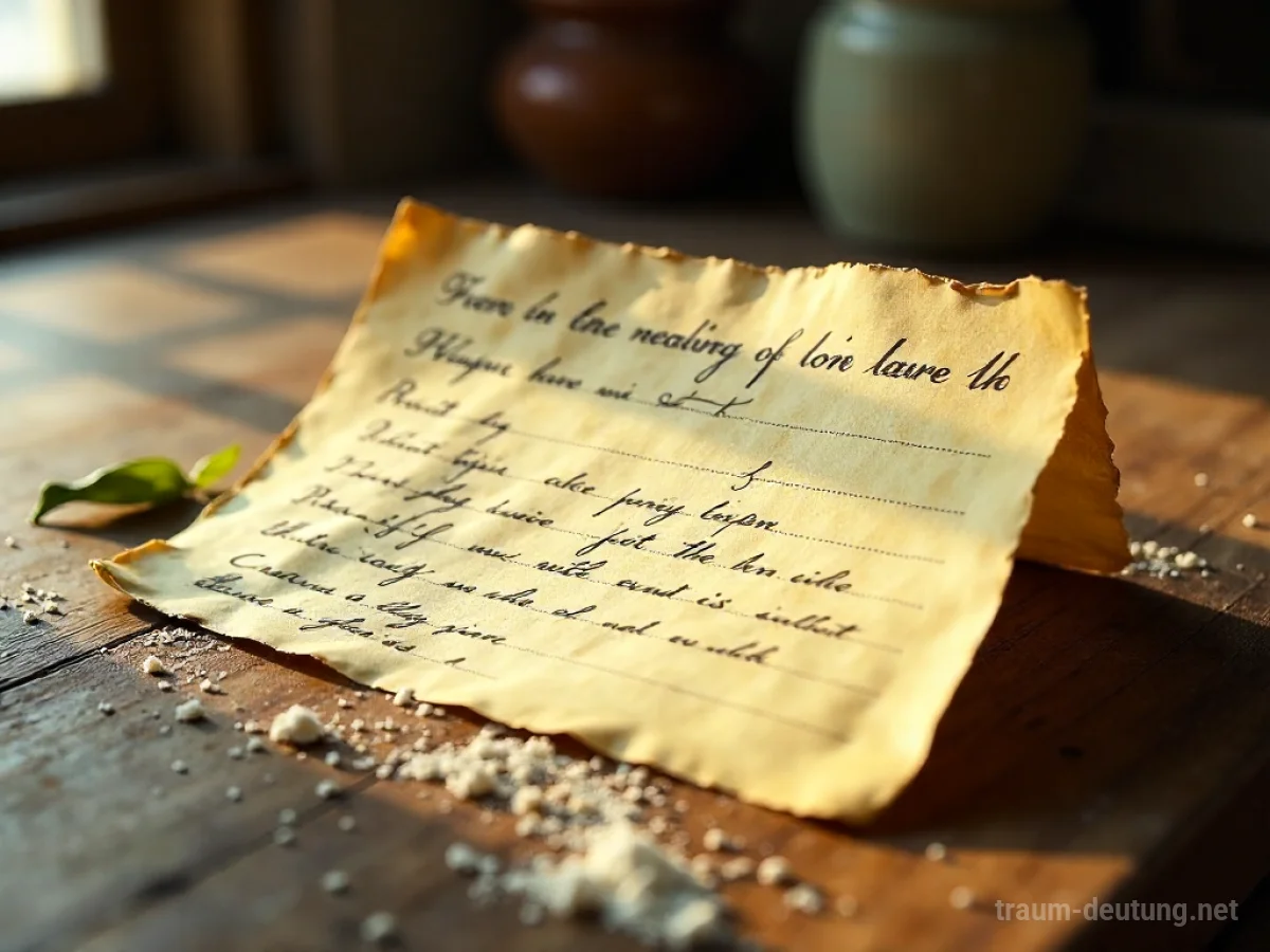 Traumdeutung Rezept: Eine alte, vergilbte Rezeptkarte mit handgeschriebener Schrift auf einem rustikalen Holztisch, beleuchtet von warmem Fensterlicht.