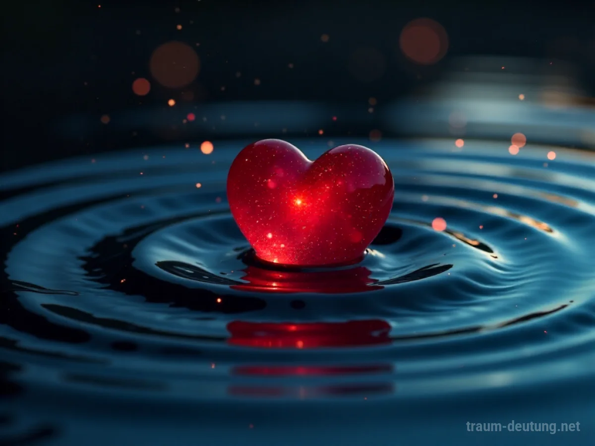 Traumsymbol Rhythmus: Ein menschliches Herz pulsiert und erzeugt wellenartige Ringe auf ruhigem, dunklem Wasser, beleuchtet von sanftem, ätherischem Licht.