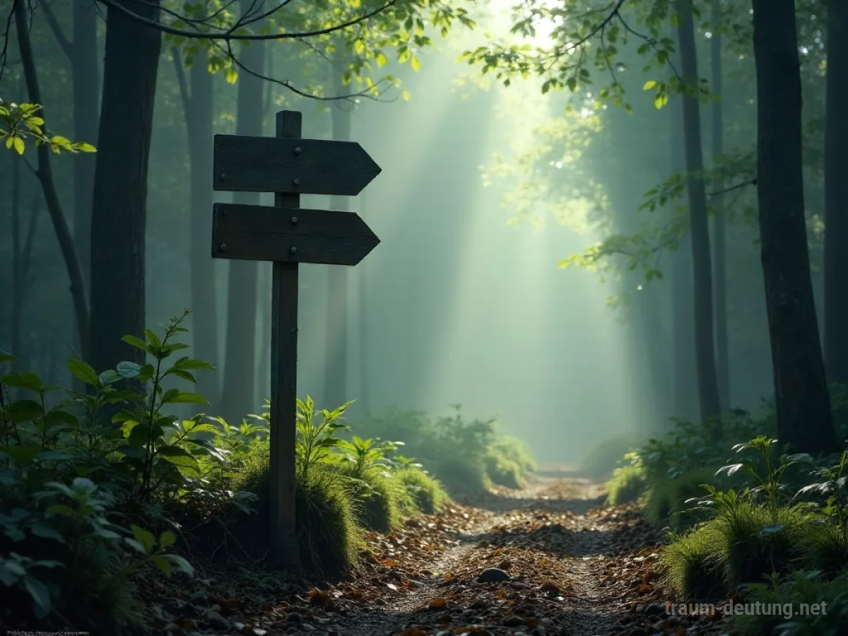 Traumsymbol Richtung: Ein alter Wegweiser steht an einer nebligen Weggabelung in einem Wald, mit Pfaden, die in verschiedene Richtungen führen.