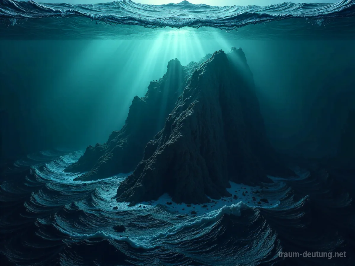 Traumsymbol Riff: Ein zerklüftetes, dunkles Korallenriff ragt bedrohlich aus turbulentem, tiefblauem Ozeanwasser auf, mit Trümmern und unheilvoller Atmosphäre.