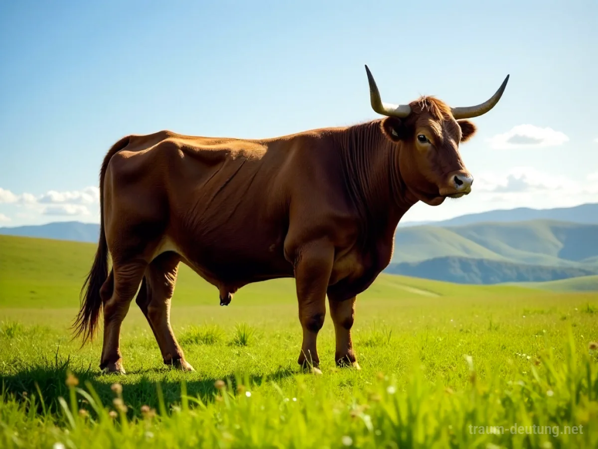 Traumsymbol Rind: Ein majestätischer, kraftvoller brauner Bulle steht auf einer sonnenbeschienenen Wiese mit saftigem grünen Gras.