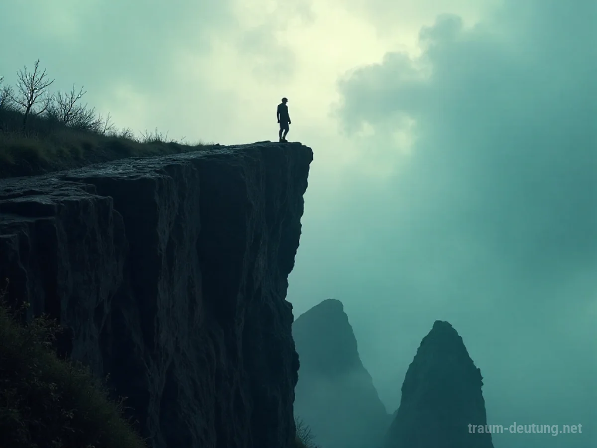 Traumdeutung Risiko: Eine einsame Figur steht am Rand einer zerklüfteten Klippe im Nebel unter einem stürmischen Himmel.