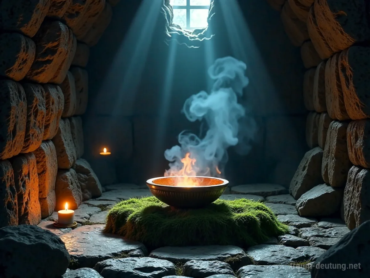 Traumsymbol Ritual: Eine Kerze beleuchtet eine alte Steinkammer mit einem Altar, auf dem glühende Kohlen in einer Schale liegen, umgeben von mystischem Rauch und Mondlicht.