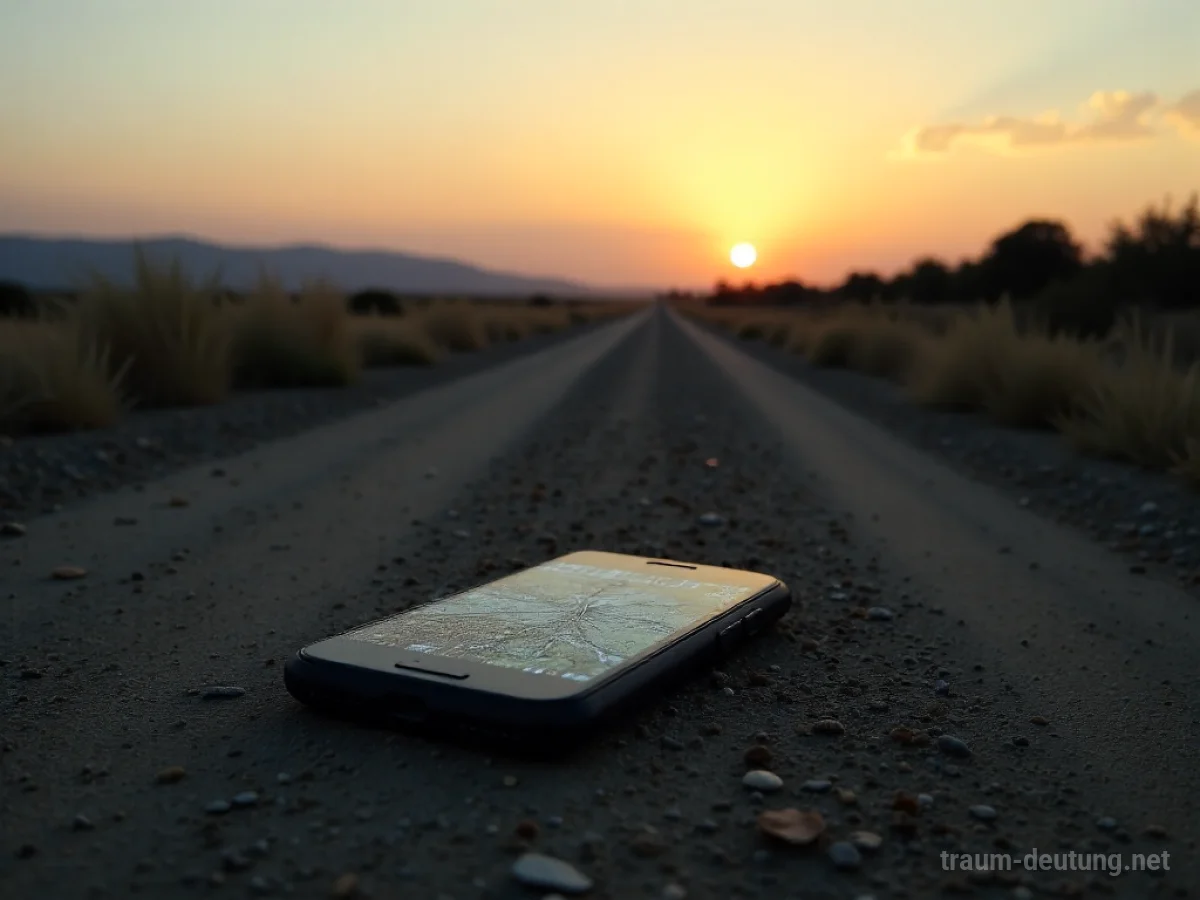 Traumdeutung Roaming: Ein altes Smartphone liegt verlassen auf einer staubigen, einsamen Straße unter einem Dämmerungshimmel, das Display zeigt eine verpixelte Karte.