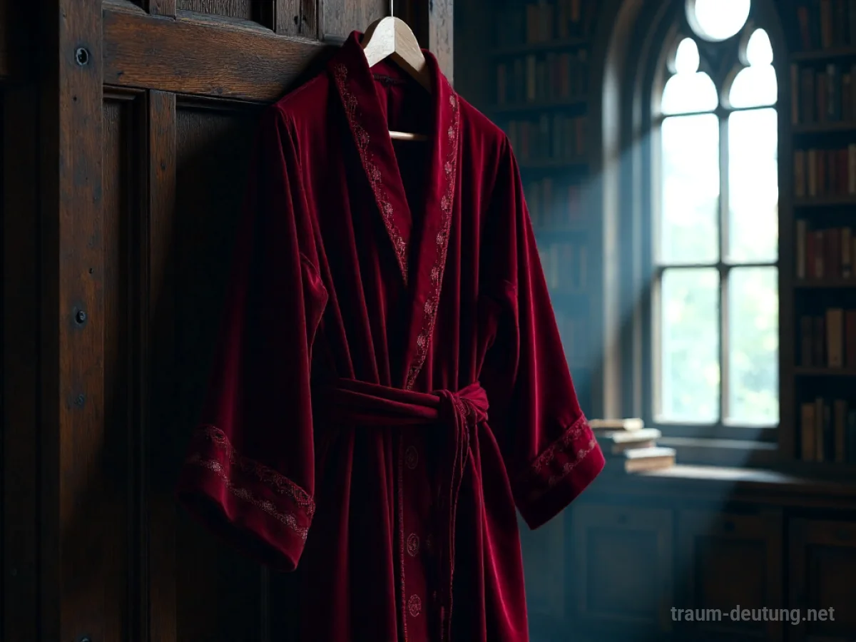 Traumsymbol Robe: Eine luxuriöse, tiefrote Samtrobe hängt in einer staubigen, mondbeschienenen Bibliothek, die eine Atmosphäre von Mysterium und Bedeutung ausstrahlt.
