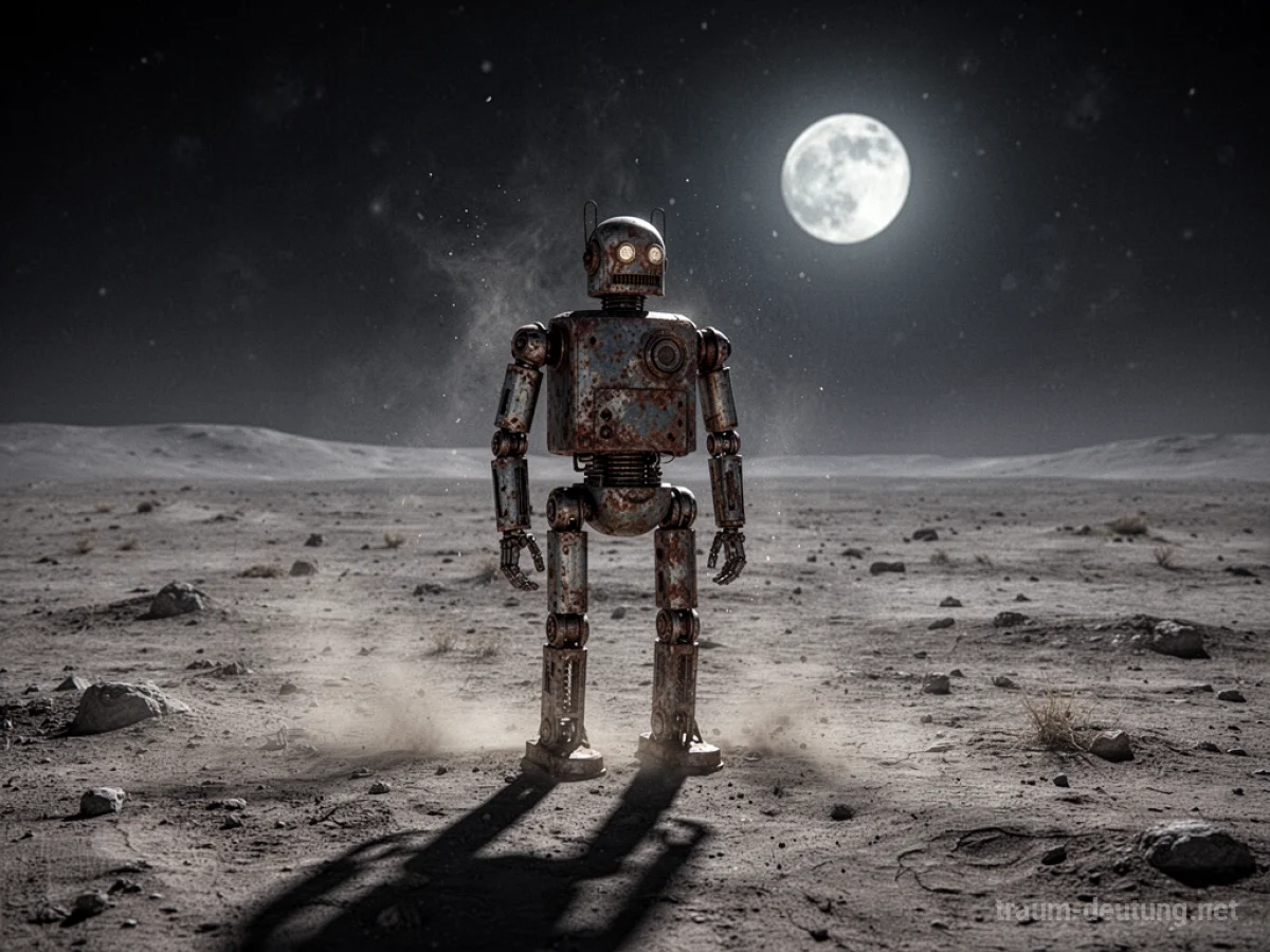 Traumsymbol Roboter: Ein alter, rostiger humanoider Roboter steht einsam in einer weiten, mondbeschienenen Wüstenlandschaft, die Melancholie und Isolation ausstrahlt.