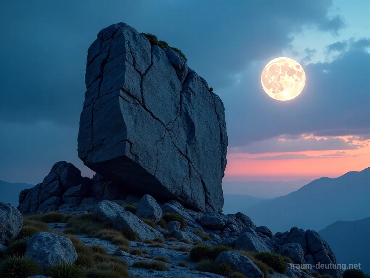 Traumsymbol Rock: Eine einsame, verwitterte Granitfelsformation steht imposant im Mondlicht vor einem dramatischen Dämmerungshimmel.