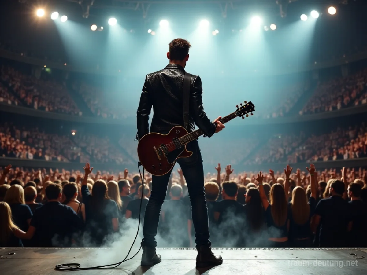 Traumsymbol Rockstar: Ein charismatischer Rockstar steht im Scheinwerferlicht auf einer Bühne, umgeben von Bühnenrauch und einer jubelnden Menge.