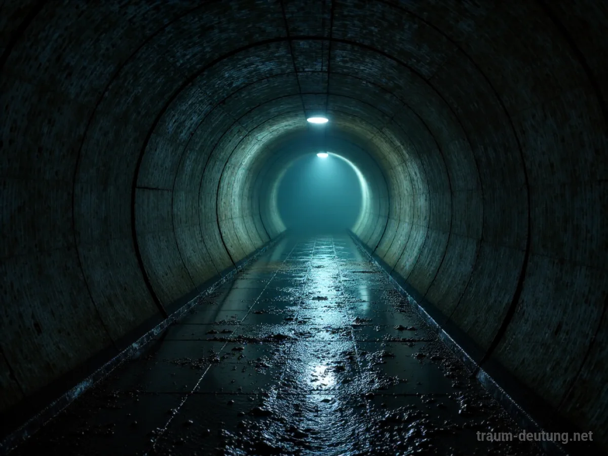 Traumsymbol Röhre: Ein langer, dunkler Tunnel erstreckt sich in die Ferne, beleuchtet von einem schwachen Licht am Ende.