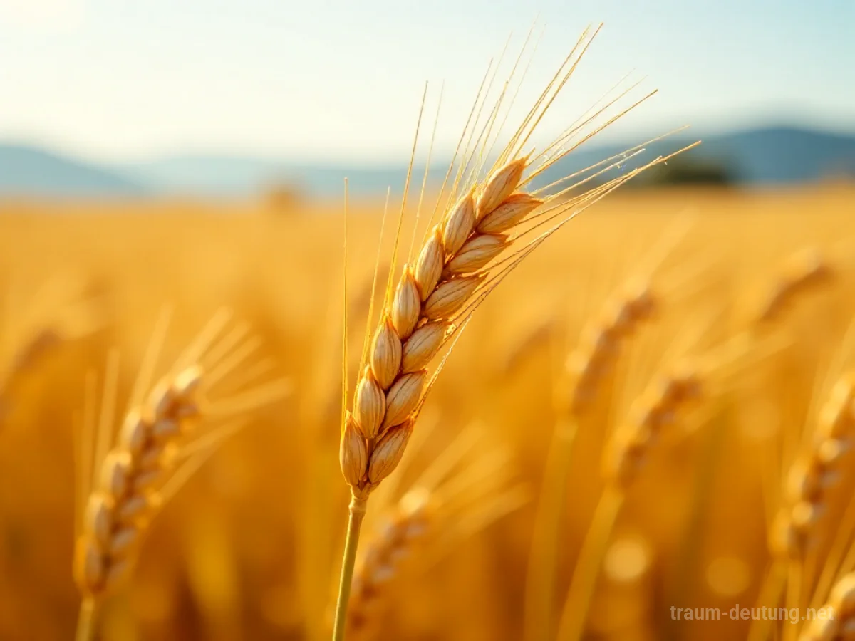Traumsymbol Roggen: Goldene Roggenähren wiegen sich in einem weiten, sonnenbeschienenen Feld, bedeckt mit glitzernden Tautropfen unter einem klaren Himmel.