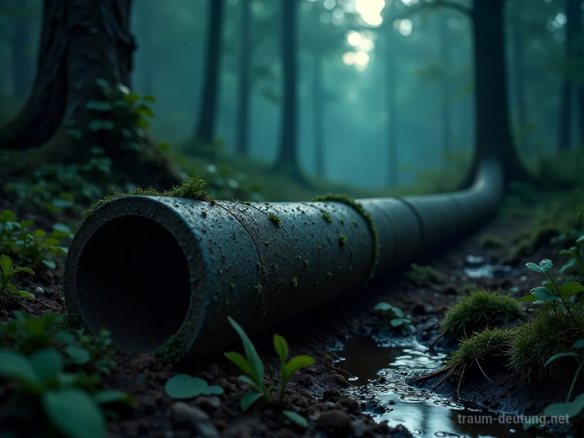 Traumsymbol Rohr: Ein alter Steinroh in einem feuchten, dunklen Wald, beleuchtet von gespenstischem Mondlicht, umgeben von Moos und Efeu.