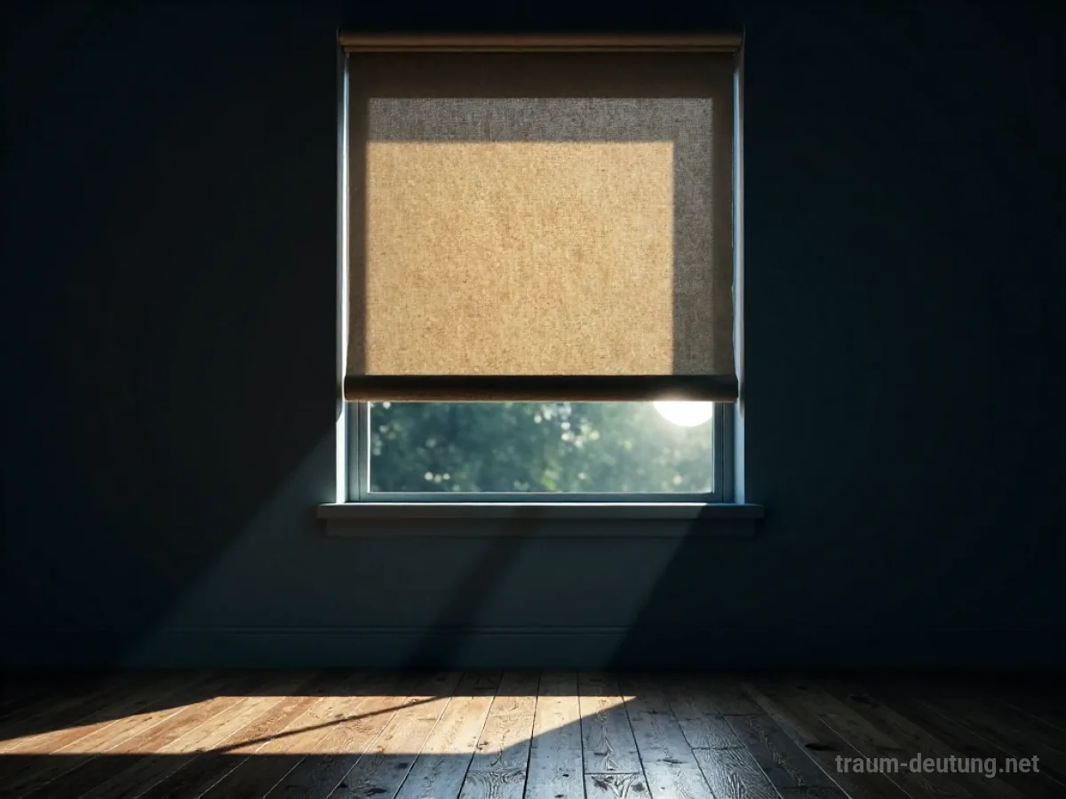 Traumsymbol Rollo: Ein leicht abgenutzter Stoff-Rollo hängt halb heruntergelassen in einem schwach beleuchteten Raum, mit dramatischen Schatten und einem Mondlichtstrahl.