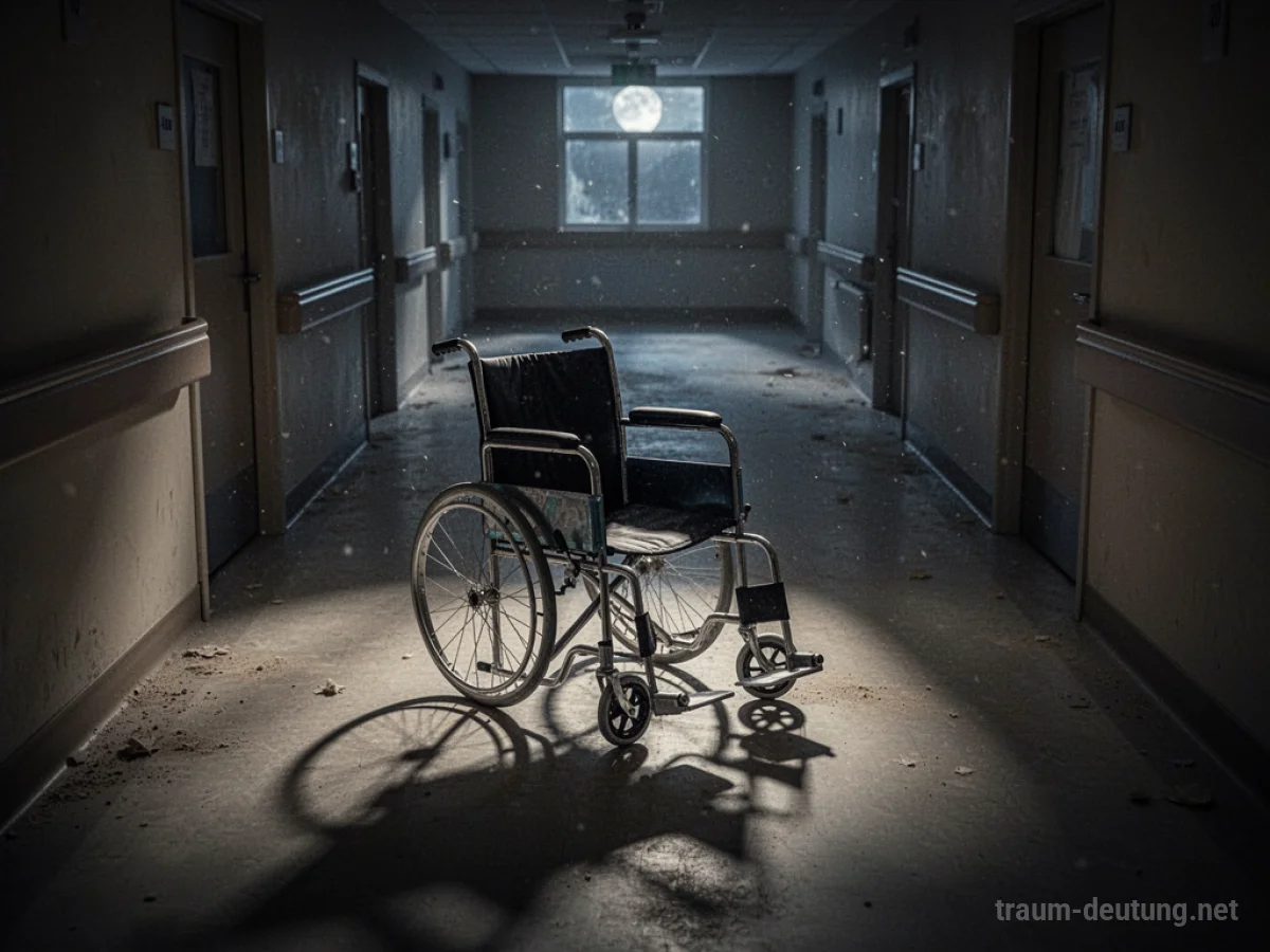 Traumsymbol Rollstuhl: Ein leerer, klassischer Rollstuhl steht verlassen auf einem schwach beleuchteten Krankenhausflur, beleuchtet von Mondlicht.