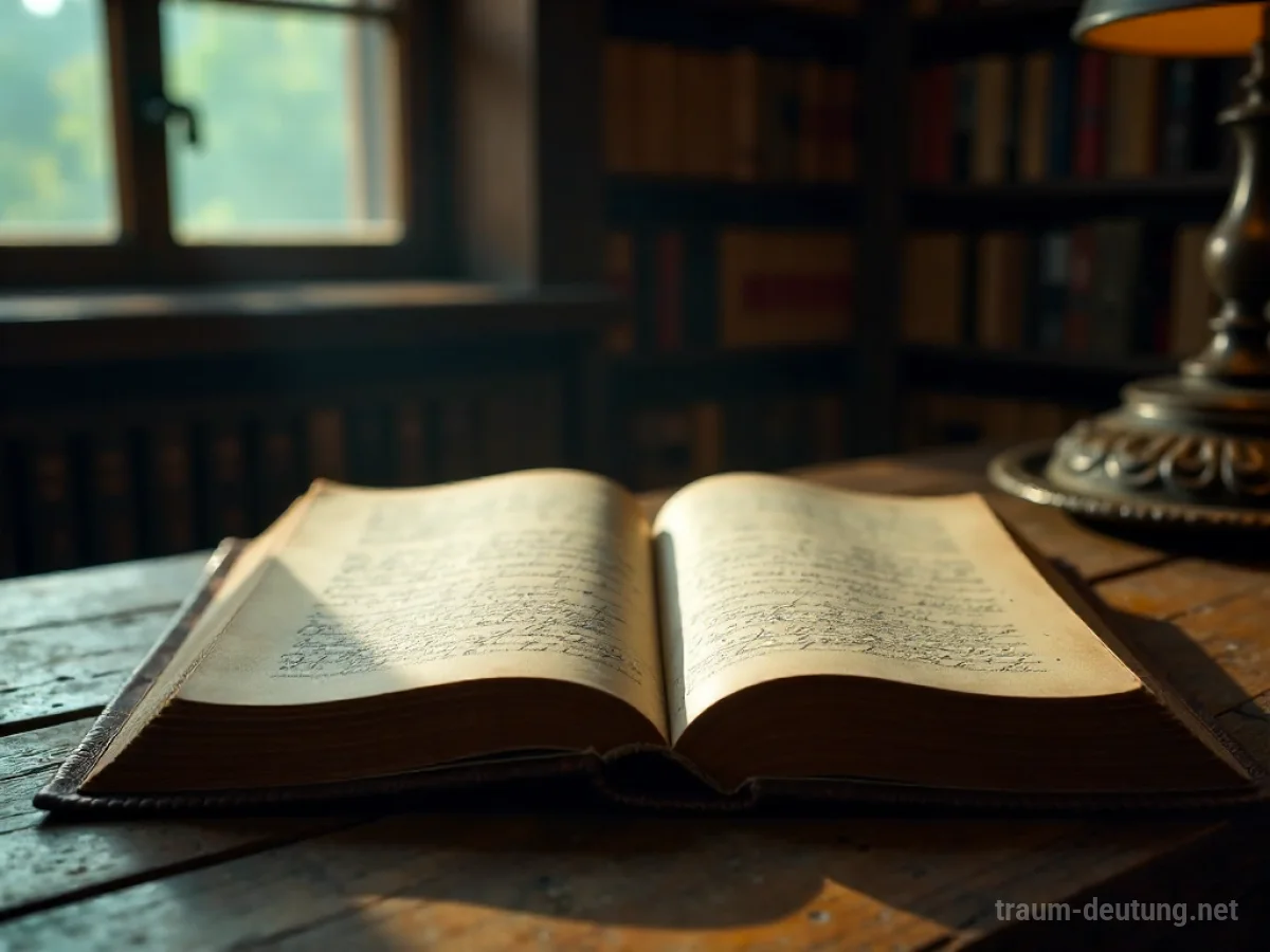 Traumsymbol Roman: Ein aufgeschlagenes, altes Lederbuch liegt auf einem Holztisch im Schein einer warmen Lampe, umgeben von einer kontemplativen Atmosphäre.