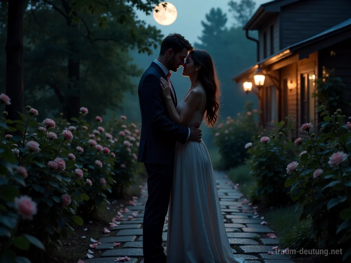 Traumdeutung Romantik: Ein Paar umarmt sich zärtlich unter dem Schein des Mondes in einem Garten, umgeben von Rosenblättern und sanften Schatten.
