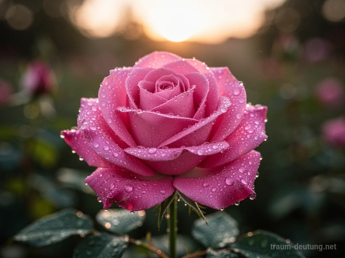 Traumsymbol Rosa: Eine einzelne, taufrische rosa Rose entfaltet sich im sanften Licht eines morgendlichen Gartens.