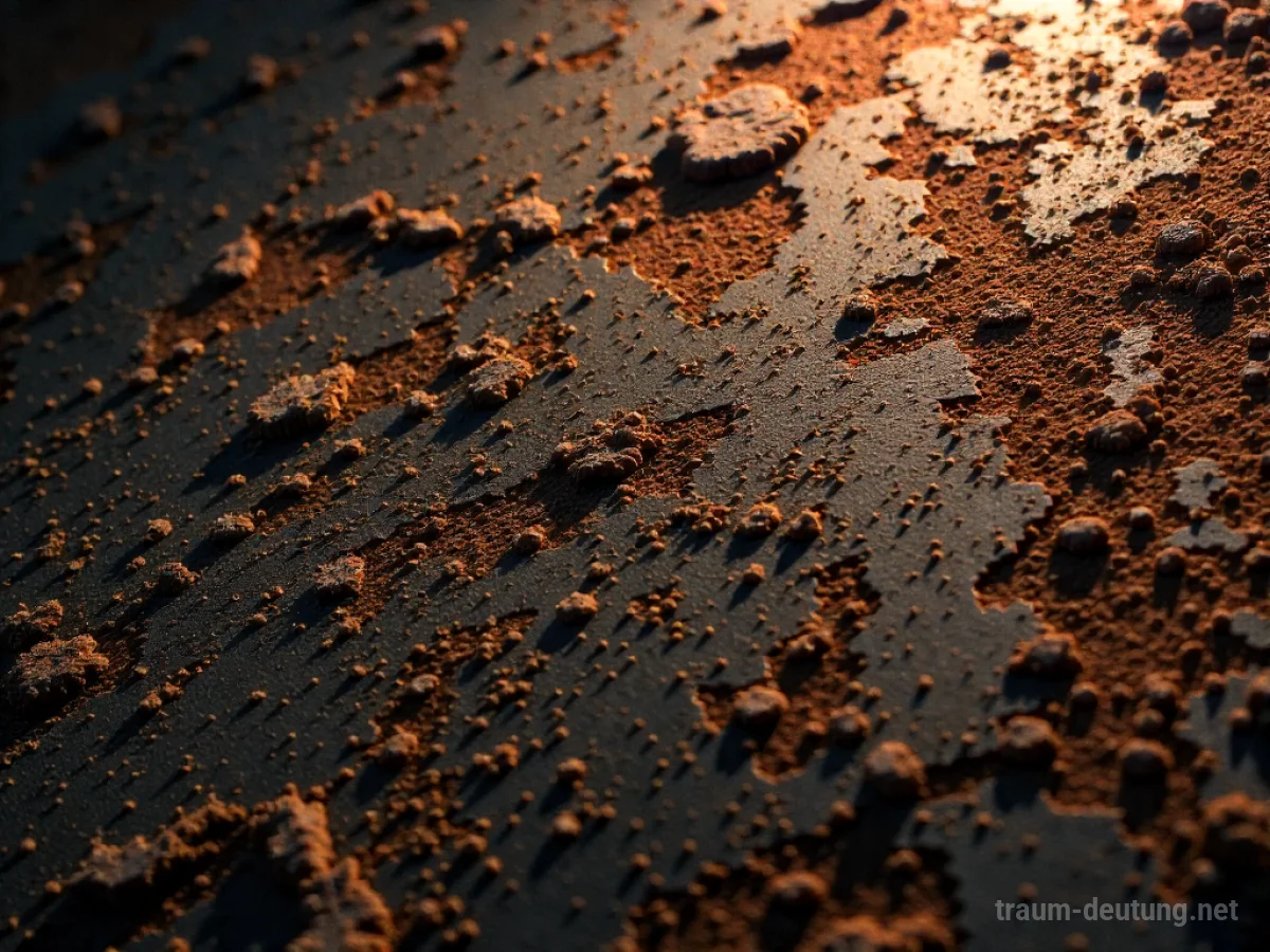 Traumsymbol Rost: Detailaufnahme einer stark verrosteten Metalloberfläche mit komplexen Oxidationsmustern und tiefer orange-brauner Farbe im diffusen Scheinwerferlicht.