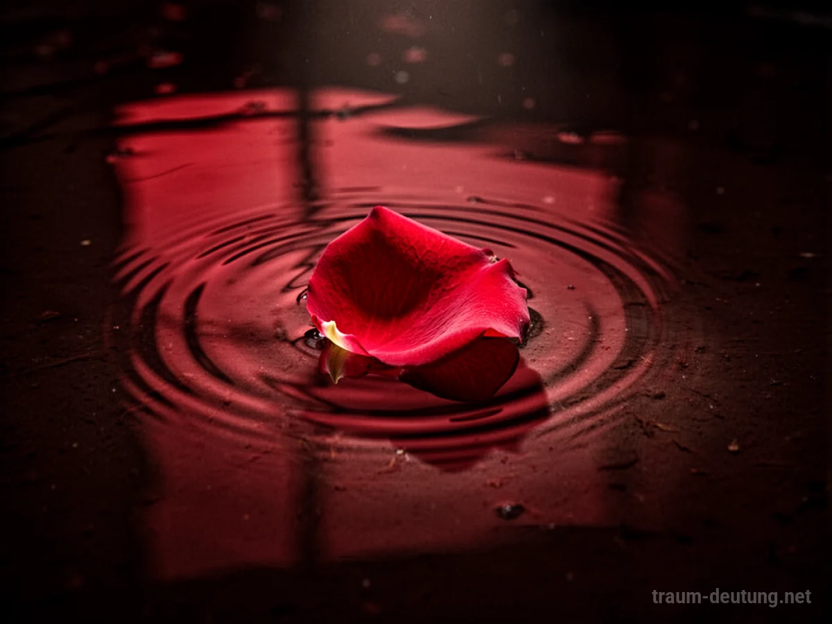 Traumdeutung Rot: Ein einzelnes rotes Rosenblatt treibt auf dunklem Wasser, das einen tiefroten Schein reflektiert.