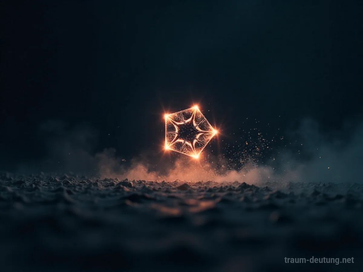 Traumdeutung Rotation: Eine leuchtende, abstrakte geometrische Form rotiert schnell in einem dunklen, unendlichen Nichts, umgeben von feinen, beleuchteten Staubpartikeln.
