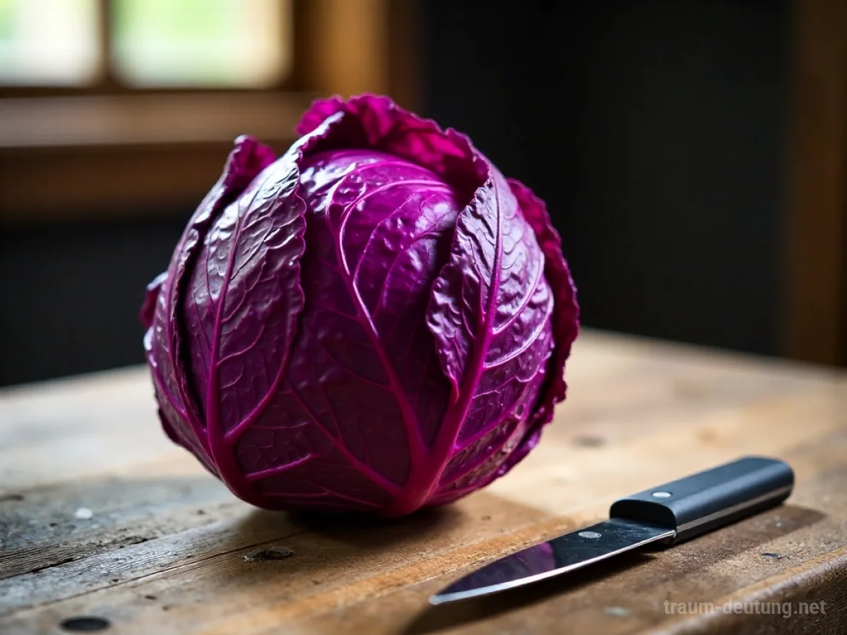 Traumsymbol Rotkohl: Ein ganzer, leuchtend roter Kohlkopf liegt auf einem rustikalen Holztisch, daneben ein Messer, beleuchtet von sanftem Tageslicht.