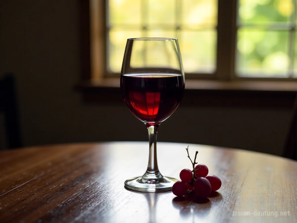 Traumsymbol Rotwein: Ein Glas tiefroten Weins steht auf einem dunklen Holztisch, verziert mit einer einzelnen roten Traube.