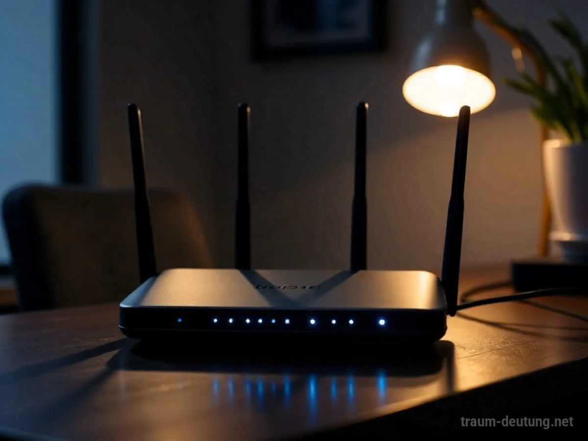 Traumsymbol Router: Ein moderner WLAN-Router mit leuchtenden blauen Indikatoren steht auf einem dunklen Schreibtisch in einem schattigen Arbeitszimmer.