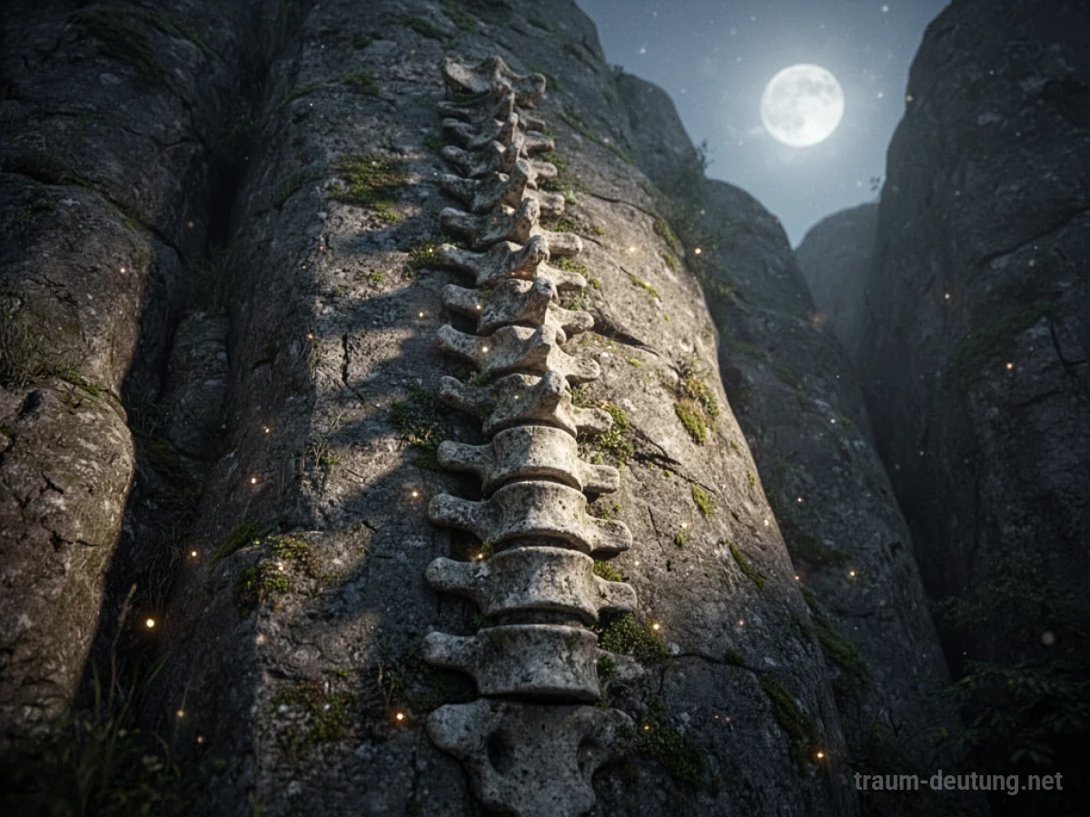 Traumdeutung Rücken: Eine menschliche Wirbelsäule aus verwittertem Stein ist in eine felsige Klippe integriert, beleuchtet von mystischem Mondlicht.