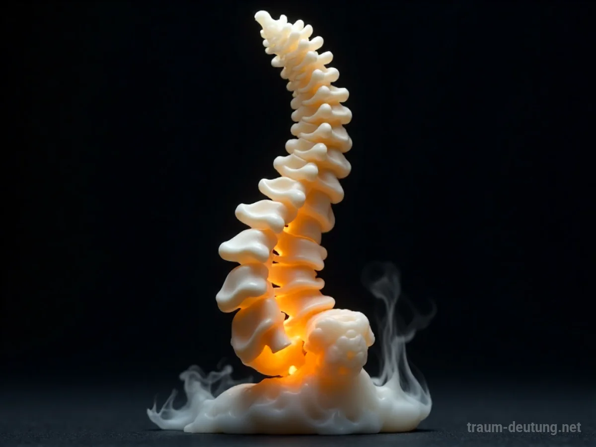 Traumsymbol Rückgrat: Eine aufrecht stehende menschliche Wirbelsäule aus poliertem Alabaster, die im Dunkeln golden leuchtet, umgeben von feinem Rauch.