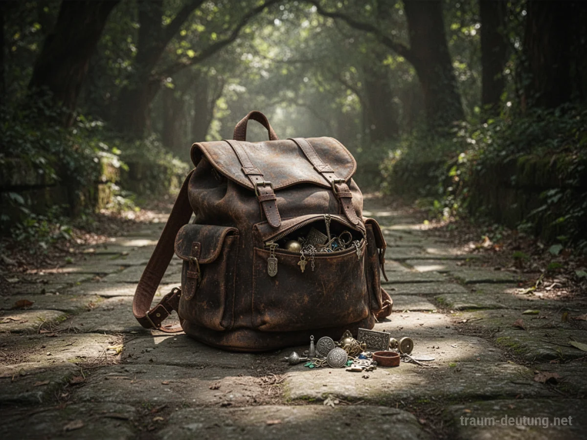 Traumsymbol Rucksack: Ein abgenutzter Lederrucksack liegt auf einem staubigen Steinpfad im Sonnenlicht eines Waldes.