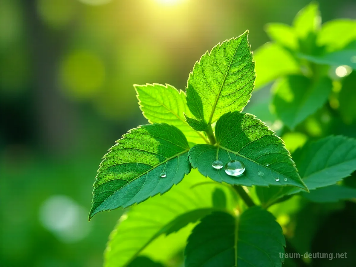 Traumsymbol Rucola: Frische, grüne Rucolablätter mit Tautropfen im sanft beleuchteten Garten, die auf Wachstum und Vitalität im Traum hinweisen.