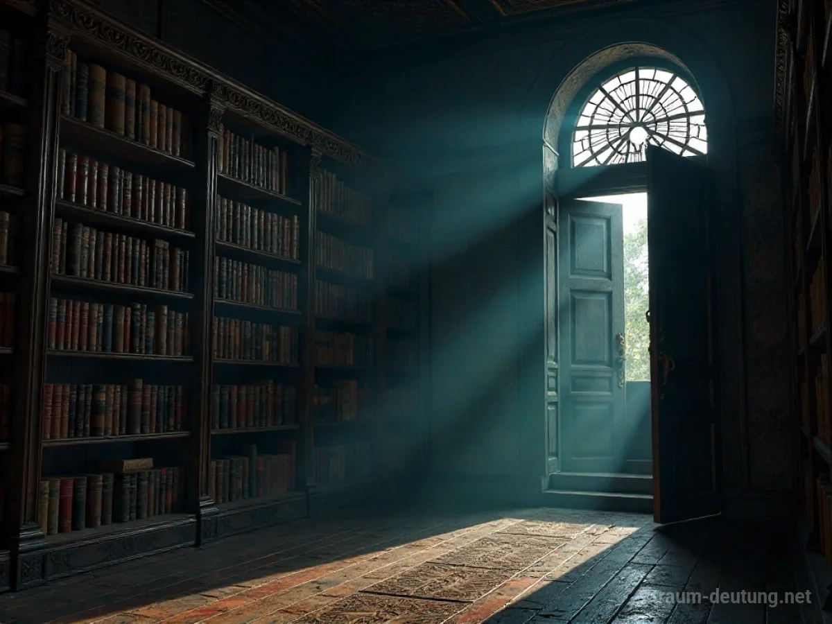 Traumsymbol Ruf: Eine geisterhafte Schallwelle entströmt einer alten Holztür in einer staubigen Bibliothek, beleuchtet von Mondlicht.