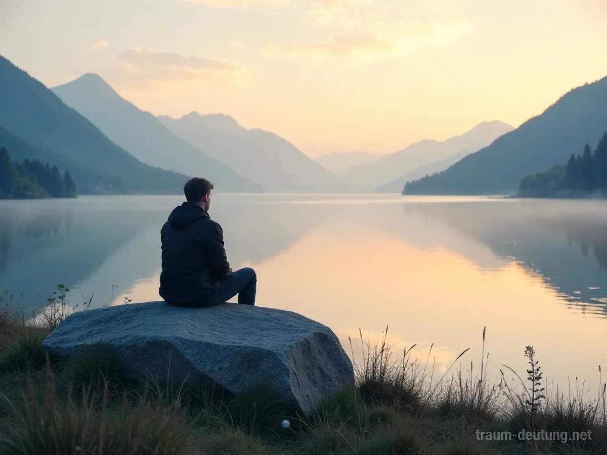 Traumsymbol Ruhe: Eine einsame Gestalt sitzt friedlich auf einem Stein und blickt auf einen ruhigen See im Morgengrauen, umgeben von Nebel und sanftem Licht.
