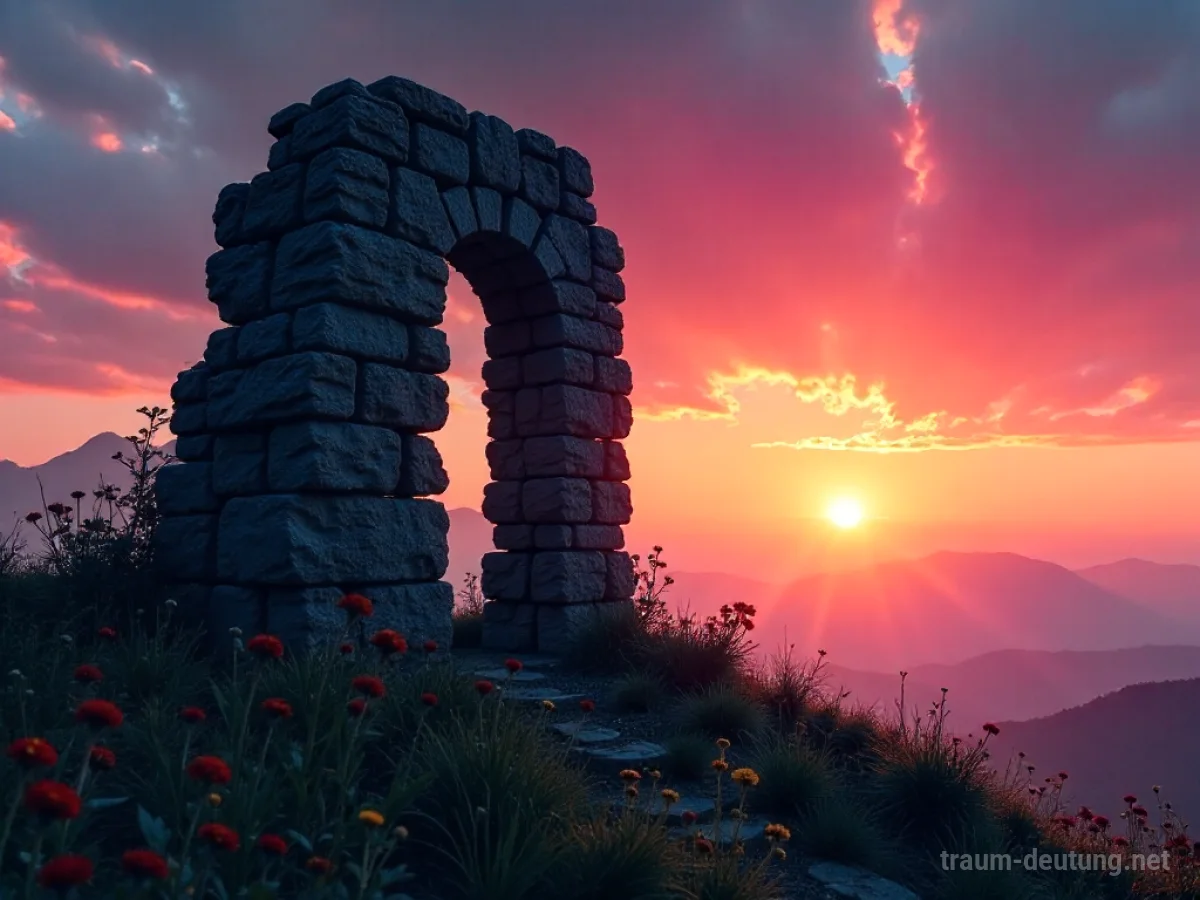 Traumsymbol Ruin: Eine einsame, zerfallene Steinstruktur steht vor einem dramatischen Abendhimmel mit überwucherten Pflanzen und einem leichten Nebel.
