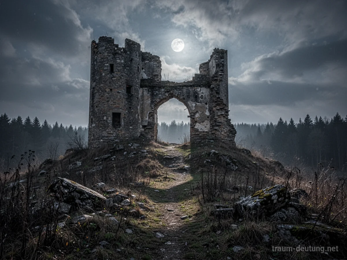 Traumsymbol Ruine: Eine verfallene Burgruine auf einem einsamen Hügel im Mondlicht, umgeben von Gestrüpp und einem dunklen Wald.