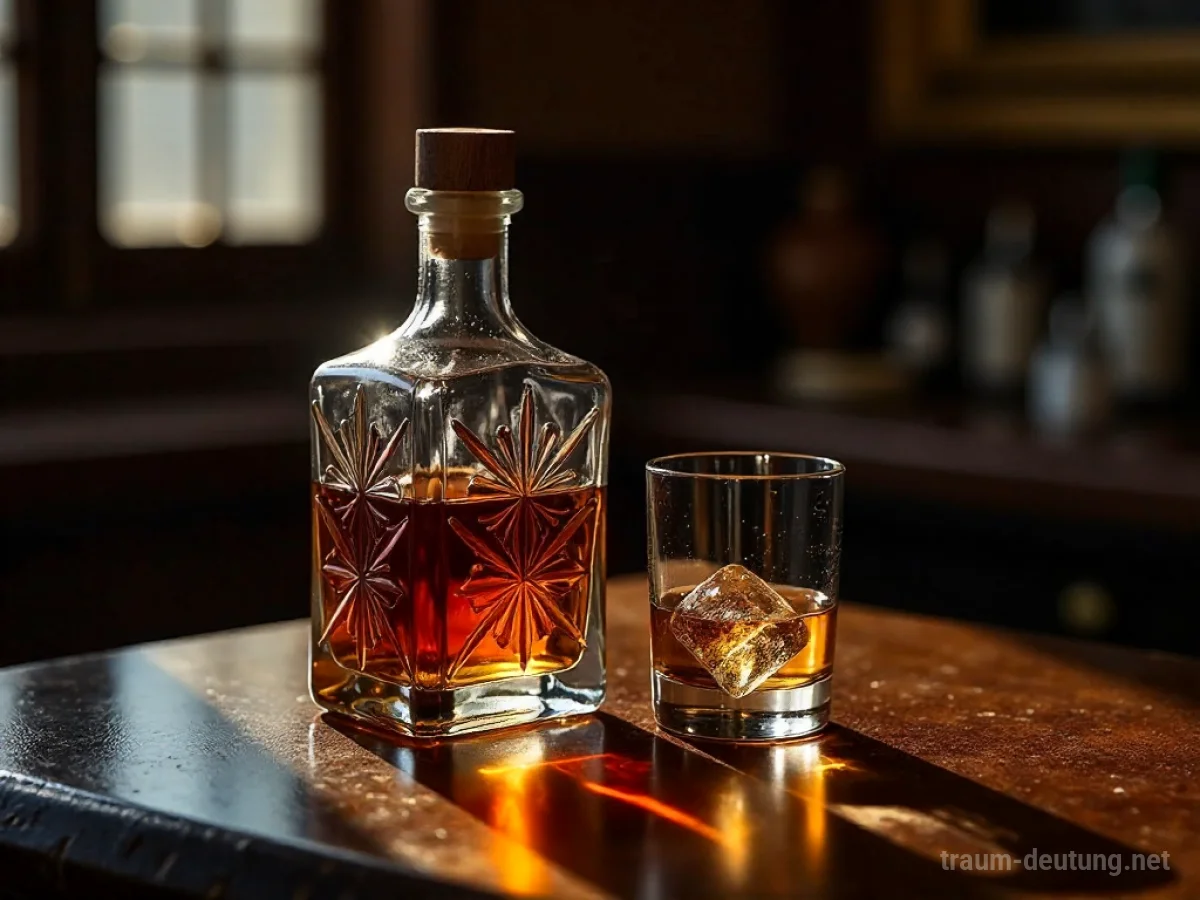 Traumsymbol Rum: Eine antike Rumflasche steht auf einer polierten Holzbar im Schein warmen Lichts, mit einem schmelzenden Eiswürfel und Kondenswasser.