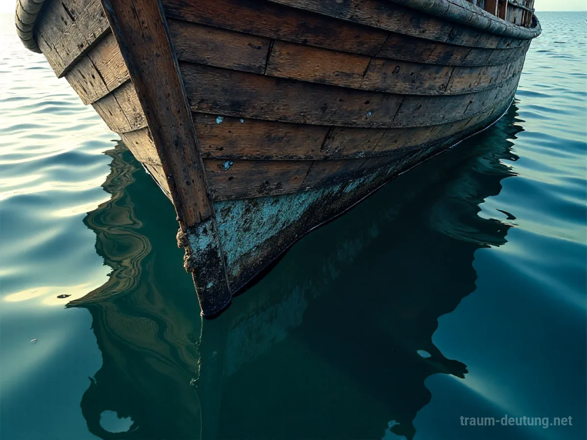 Traumsymbol Rumpf: Ein alter Holzschiff-Rumpf, teilweise untergetaucht in tiefblauem Wasser, mit Sonnenlicht, das auf die Struktur fällt.