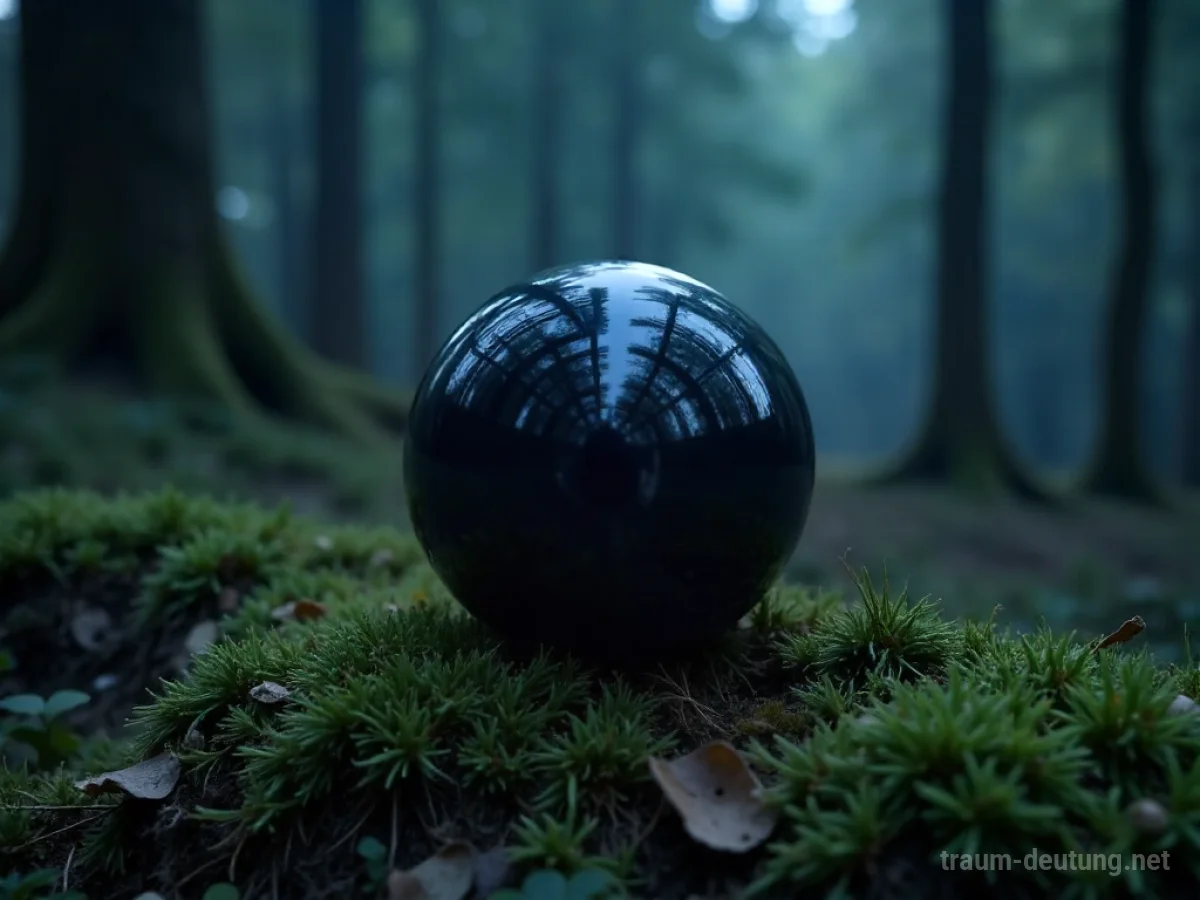 Traumsymbol Rund: Eine perfekt runde, polierte Obsidiankugel liegt auf dunklem Moos im sanften Mondlicht eines geheimnisvollen Waldes.