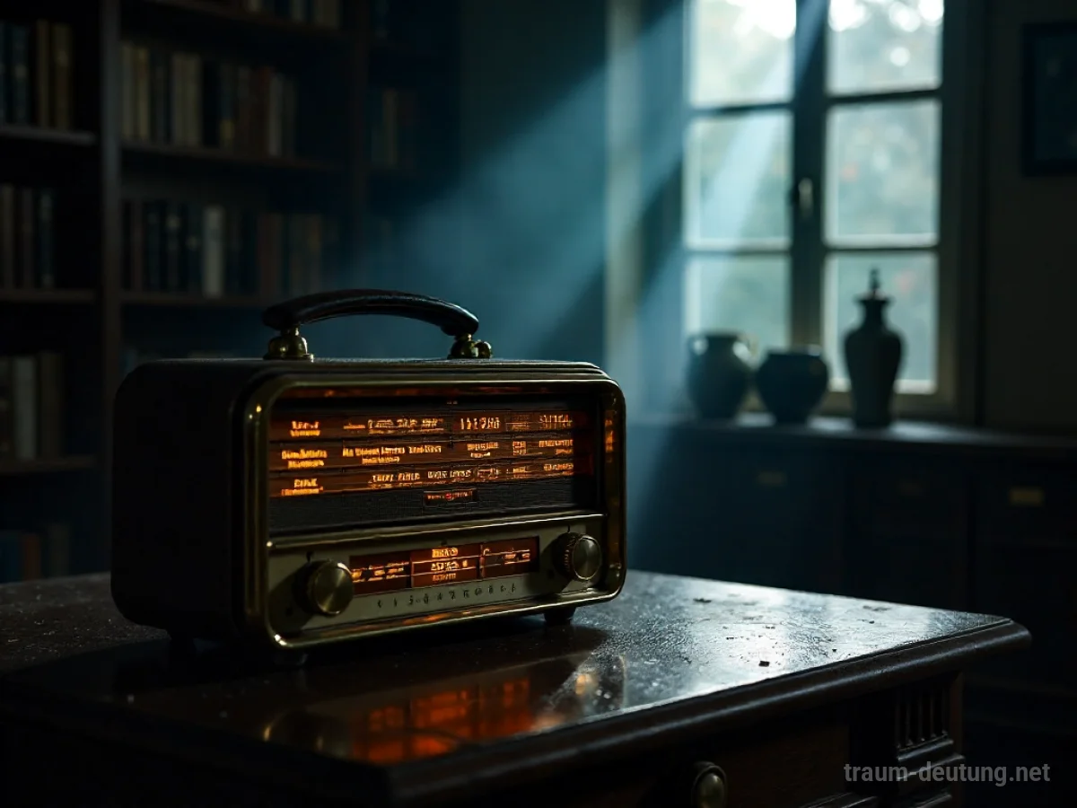Traumdeutung Rundfunk: Ein antiker Messing-Radio steht auf einem dunklen Holztisch im Mondlicht, umgeben von Schatten.