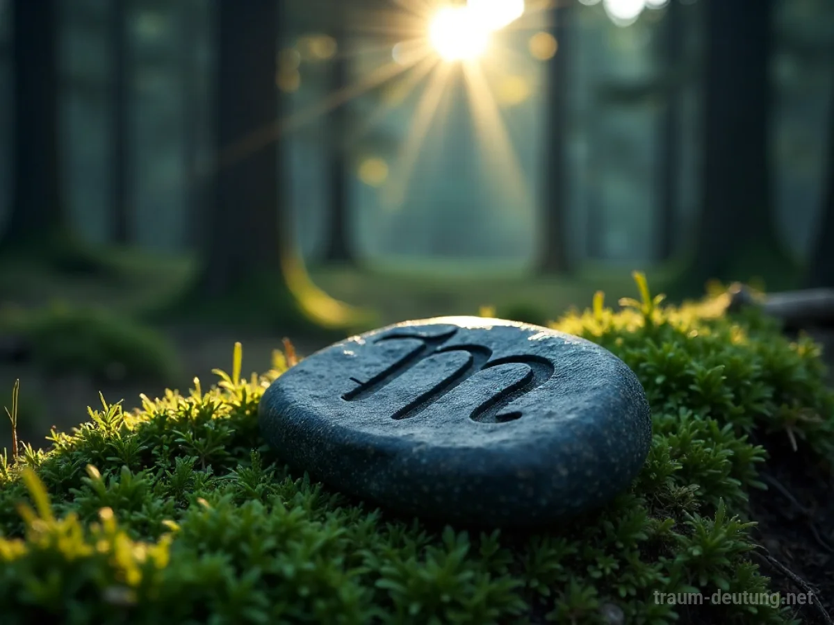 Traumsymbol Rune: Eine alte, nordische Rune ist in einen dunklen Flussstein auf moosigem Waldboden eingraviert, beleuchtet von mystischem Mondlicht.