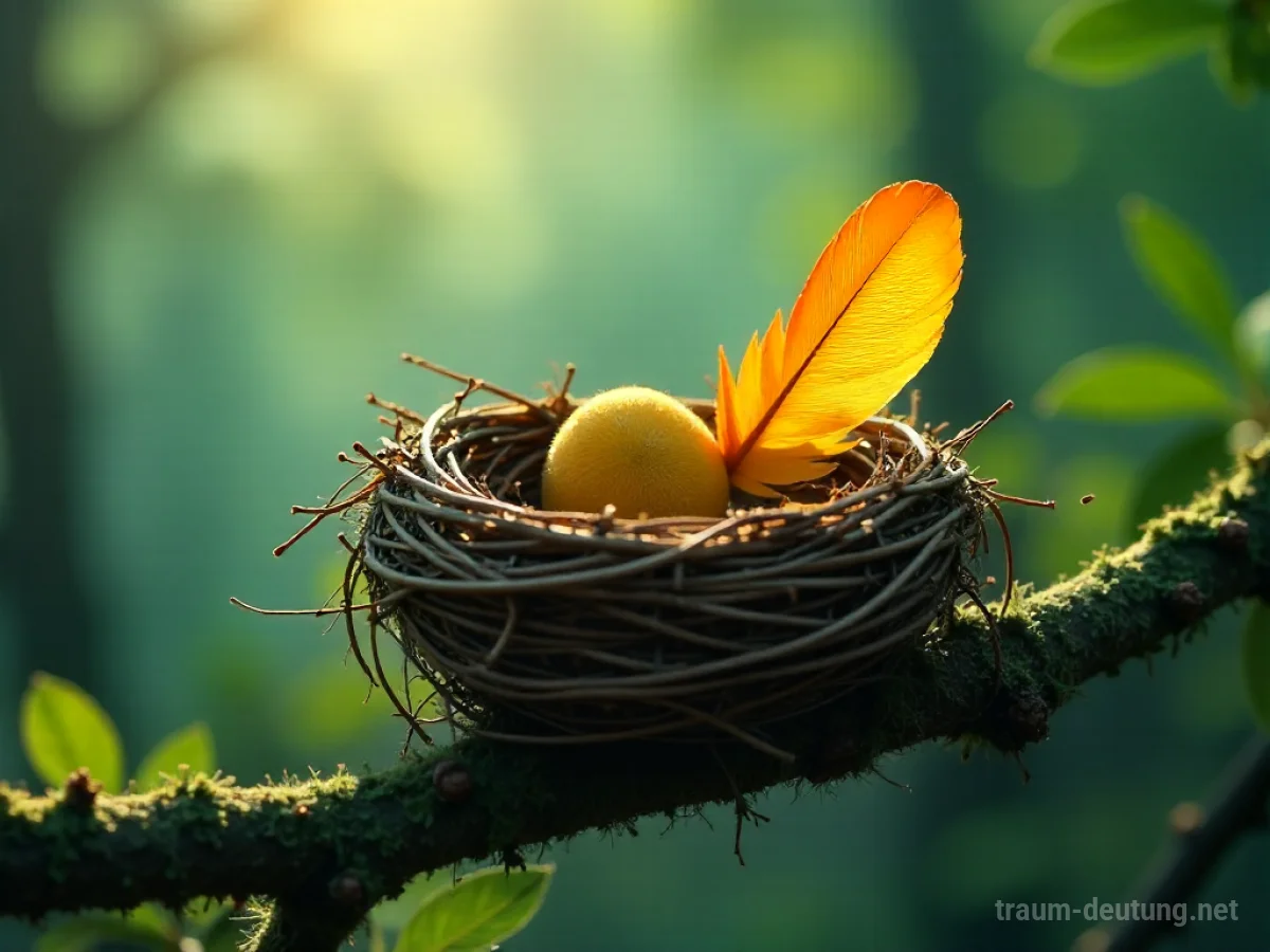 Traumsymbol Rupfen: Ein kleiner, bunter Feder wird sanft aus einem detailliert gewebten Vogelnest in einem nebligen Wald gezogen, beleuchtet von sanftem Sonnenlicht.