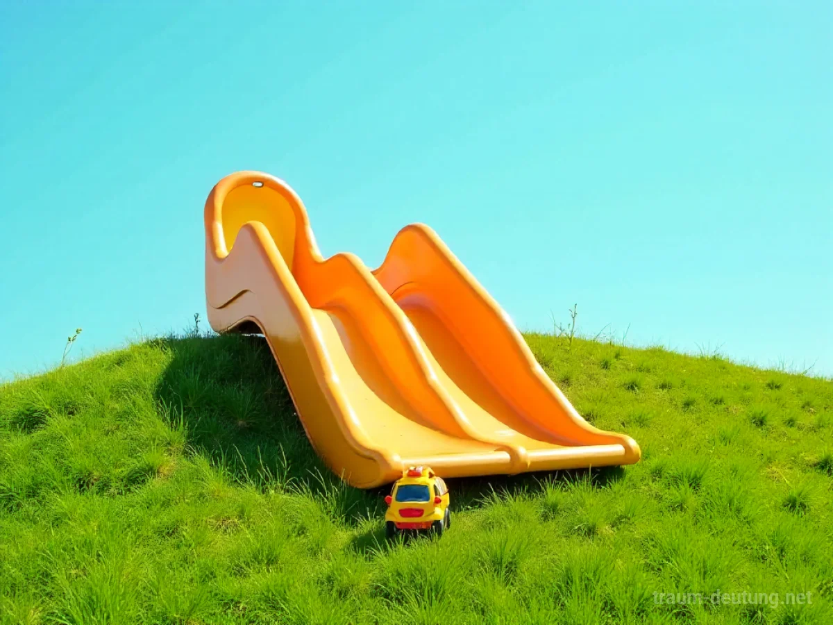 Traumsymbol Rutsche: Eine bunte, etwas abgenutzte Spielplatzrutsche führt von einem sanften Hügel unter blauem Himmel herab, beleuchtet von hellem Sonnenlicht.